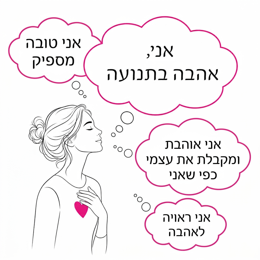 איור: אישה עם יד על הלב ומסביבה בועות מחשבה עם מנטרות מעצימות, ובהן 'אני, אהבה בתנועה' — מפתח 10, כוחן של מילים